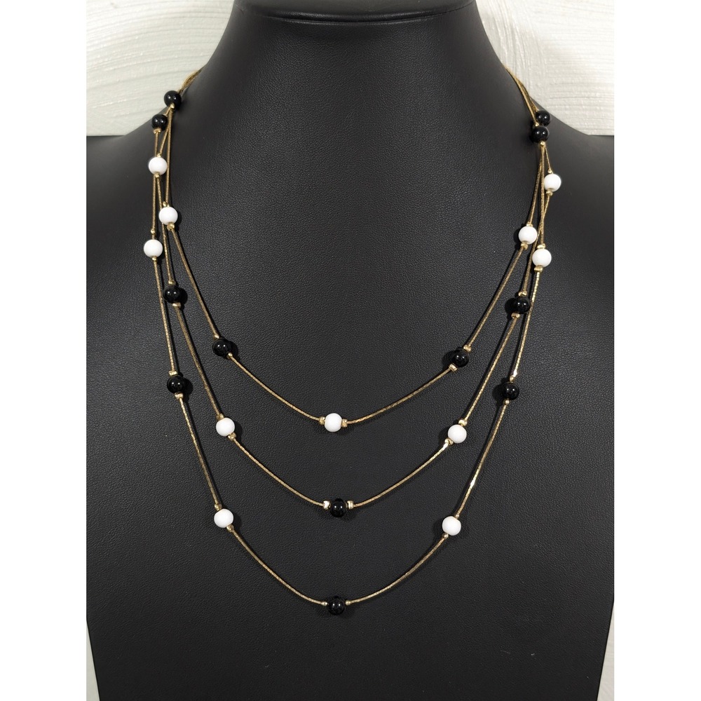 Vintage Black White Bead Station‎ Necklace Gold Tone Layered Chains 18"